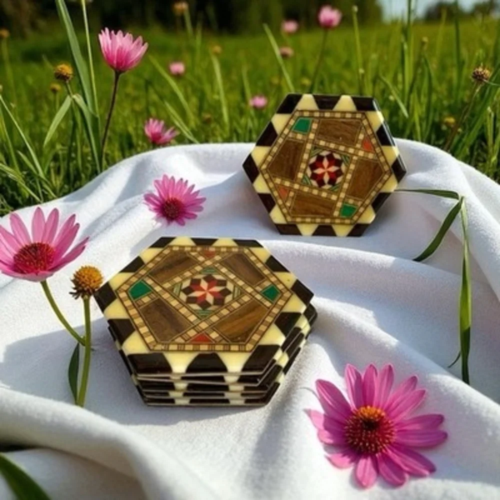 Vintage Set of 6 Geometric Pinwheel Wood Inlay Lacquer Marquetry Coaster Hexagon